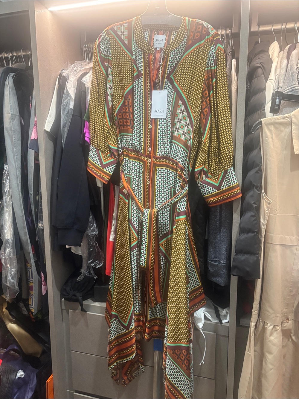 Misa Los Angeles Multicolor Geometric Midi Dress — Brown, Orange, Green